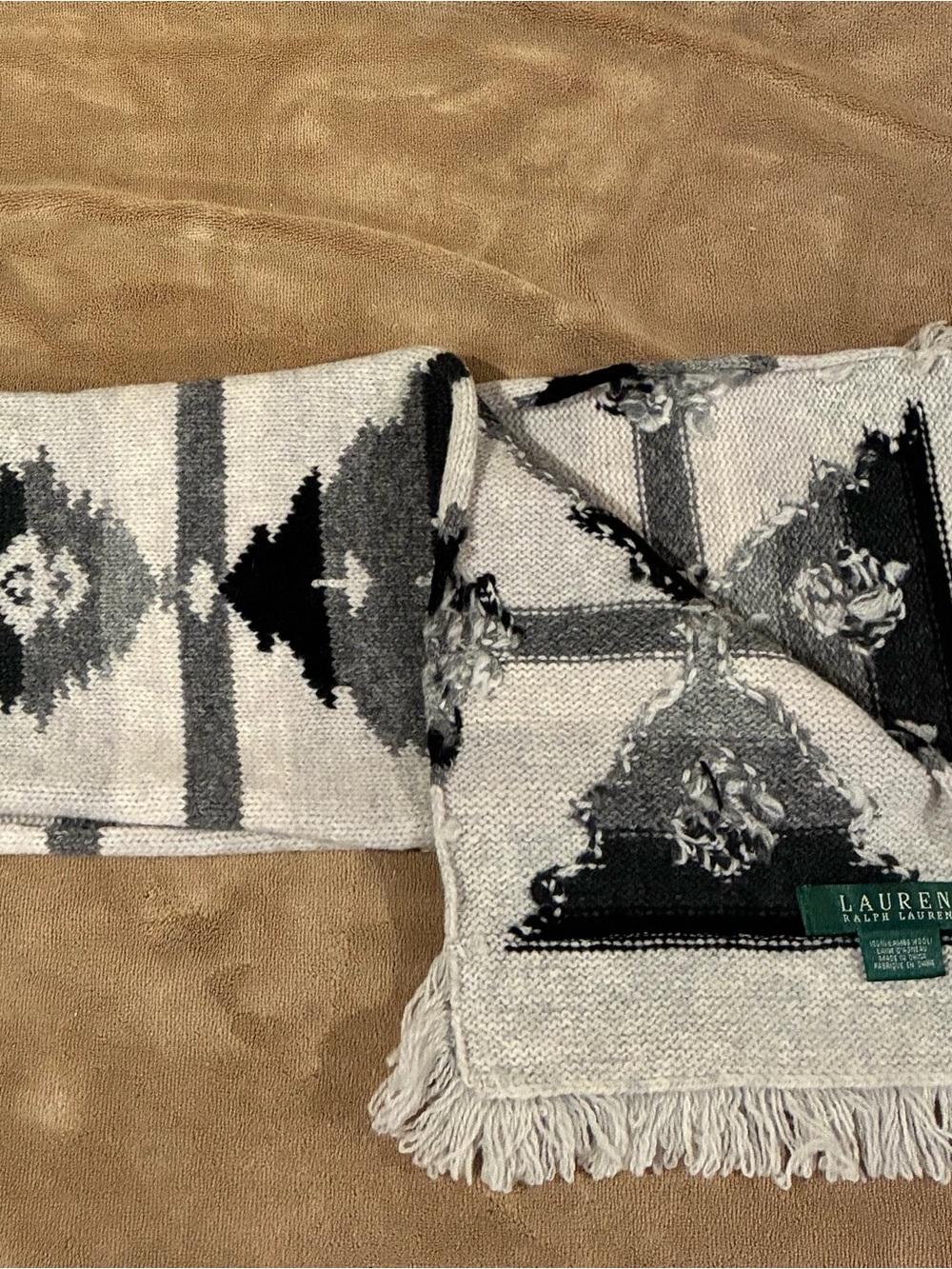 Lauren Ralph Lauren Black, Gray & Cream Geometric Fringed Scarf